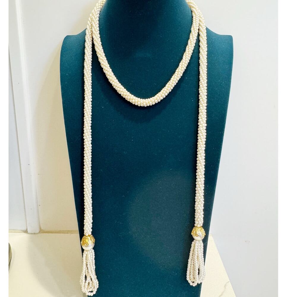 Vintage Faux Pearl Rope Lariat Necklace with Tassel Ends